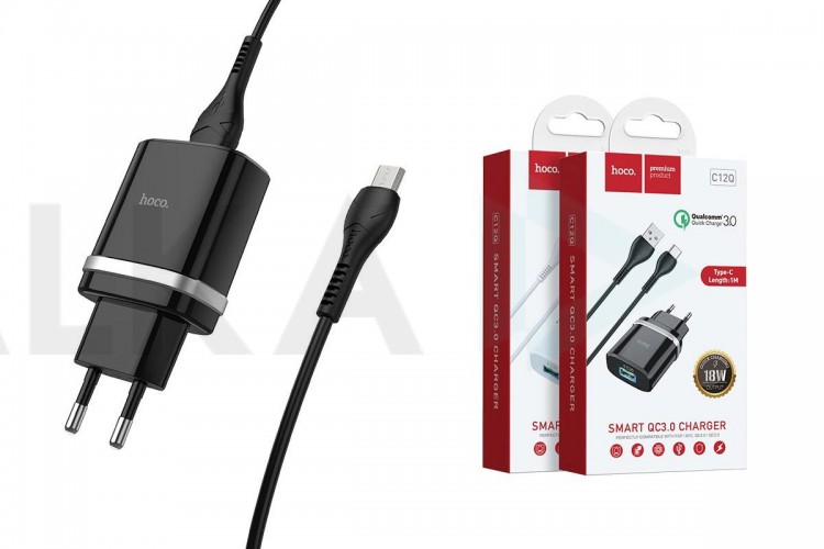 Сетевое зарядное устройство 2USB + кабель MicroUSB HOCO C12Q (быстрая зарядка) 3000 mAh (черный)