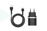 Сетевое зарядное устройство 2USB + кабель MicroUSB HOCO C12Q (быстрая зарядка) 3000 mAh (черный)