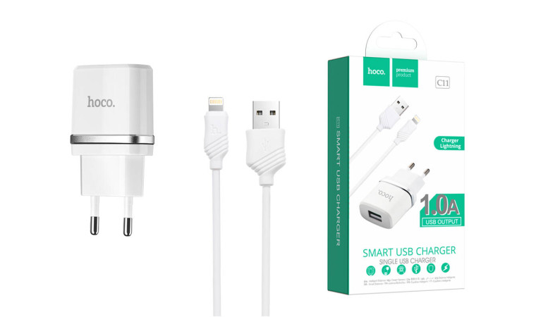 Сетевое зарядное устройство USB + кабель Lightning HOCO C11 1000 mAh(белый)