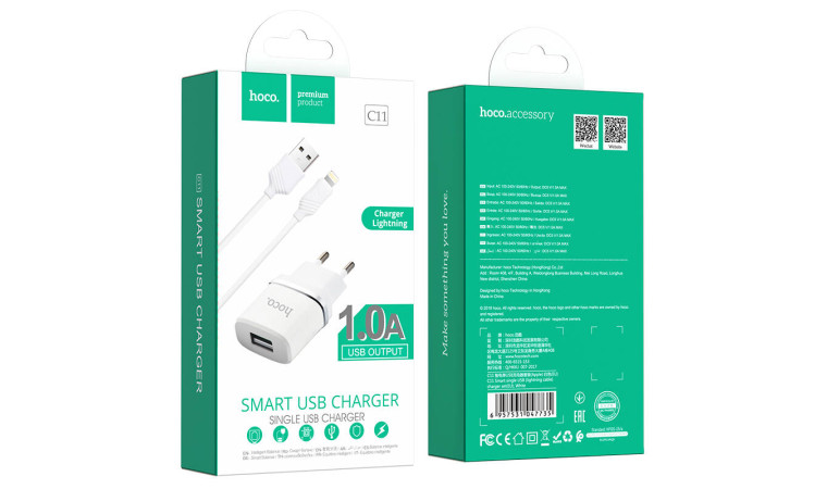 Сетевое зарядное устройство USB + кабель Lightning HOCO C11 1000 mAh(белый)