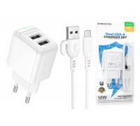 Сетевое зарядное устройство 2USB + кабель MicroUSB BOROFONE BAS41A Potential (белый)