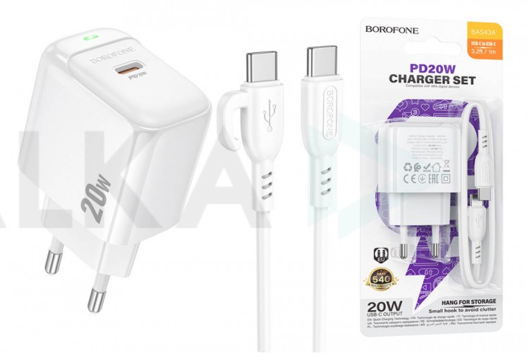 Сетевое зарядное устройство USB-C + кабель Type-C BOROFONE BAS43A Potential PD20W (белый)