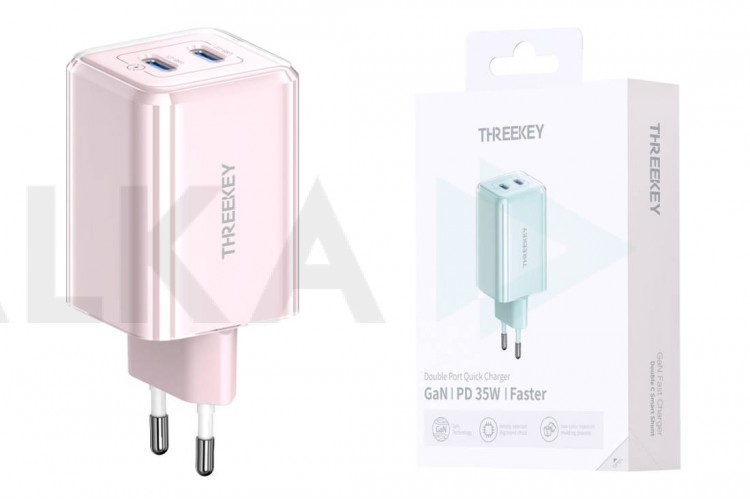 Сетевое зарядное устройство USB THREEKEY TK-111 (EU) Intelligent Shunt 35w Dual TYPE-C Port Gallium Nitride Charger (розовый) (LUX от XO)