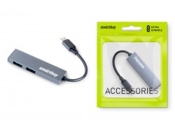 Разветвитель USB HUB Type-C Хаб Smartbuy 460С 2 порта USB 3.0, металл.корпус, серый (SBHA-460С-G)