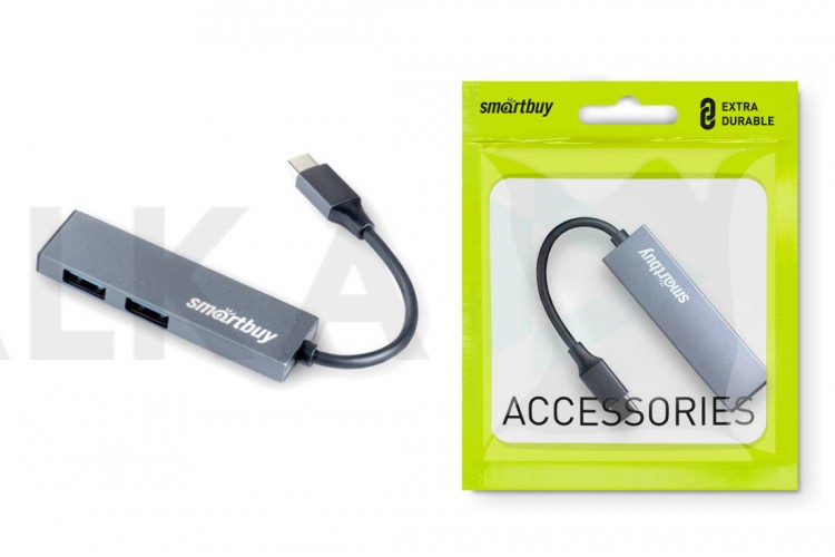 Разветвитель USB HUB Type-C Хаб Smartbuy 460С 2 порта USB 3.0, металл.корпус, серый (SBHA-460С-G)