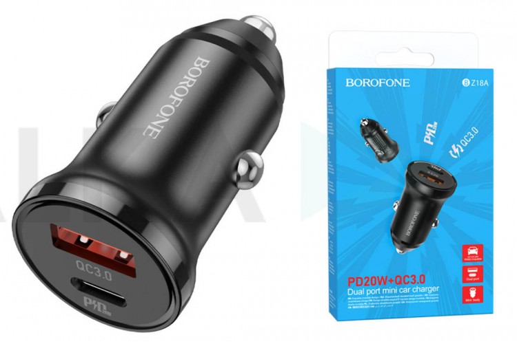 Автомобильное зарядное устройство АЗУ USB + Type-C BOROFONE BZ18A PD 20W + QC3.0 (черный)