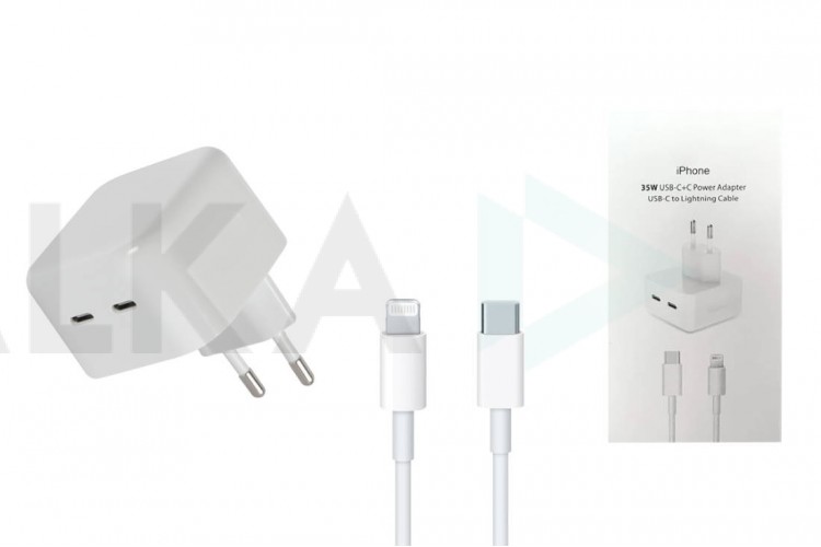 Сетевое зарядное устройство 2USB-C + кабель Lightning - Type-C APPL 35W (copy orig) (Белый)