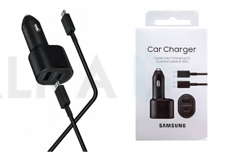 Автомобильное зарядное устройство АЗУ USB + Type-C + кабель Type-C - Type-C Samsung Super Fast (45W+15W) (Черный)