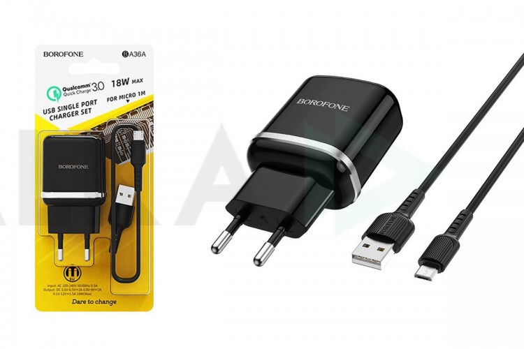 Сетевое зарядное устройство USB + кабель MicroUSB BOROFONE BA36A QC3.0 3000mAh (черный)