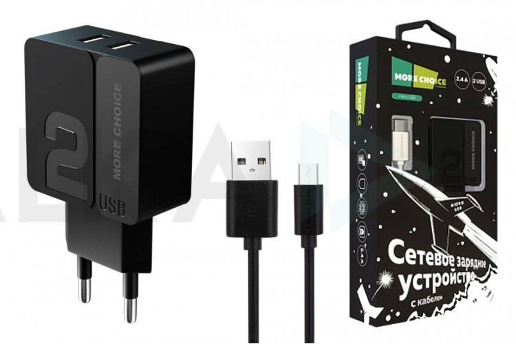 Сетевое зарядное устройство 2USB + кабель MicroUSB More choice NC46m  2.4A 1м (Black Black)