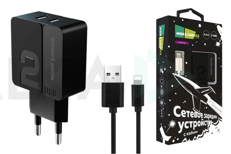 Сетевое зарядное устройство 2USB + кабель Lightning More choice NC46i 2.4A 1м (Black Black)