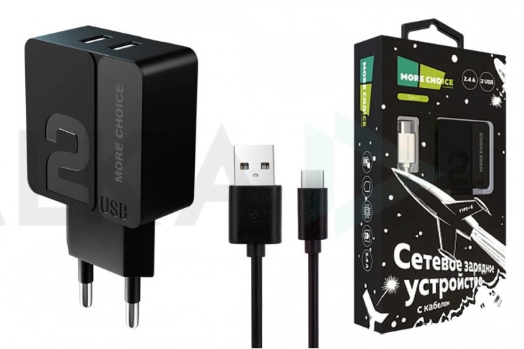 Сетевое зарядное устройство 2USB + кабель Type-C More choice NC46a 2.4A 1м (Black Black)