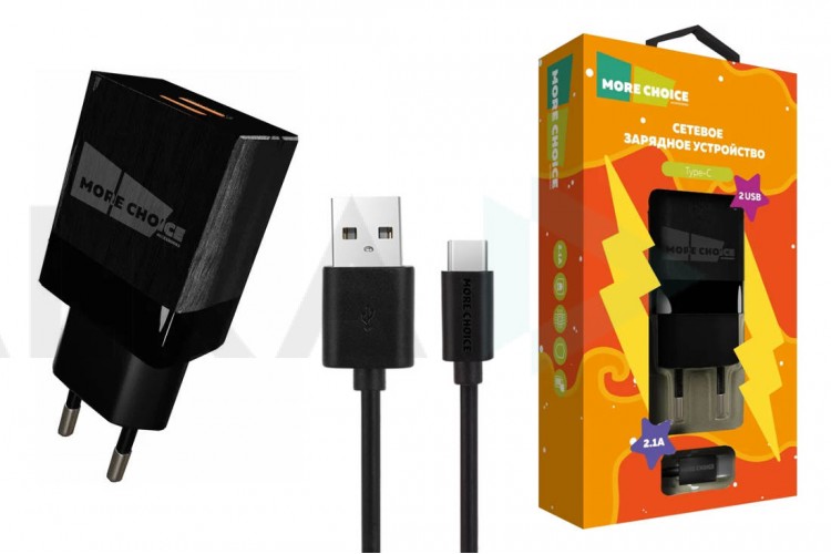 Сетевое зарядное устройство 2USB + кабель Type-C More choice NC24a  2.1A (Black)