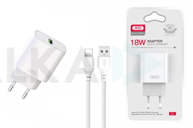 Сетевое зарядное устройство USB + кабель Lightning XO L103 (EU) QC3.0 18W (NB103) new logo, белый