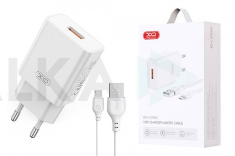 Сетевое зарядное устройство USB + кабель MicroUSB XO L127  (EU) USB-A QC18W Fast Charger new logo, белый