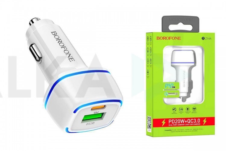 Автомобильное зарядное устройство АЗУ USB + Type-C BOROFONE BZ14A Mercury dual port PD 20W + QC3.0 (белый)