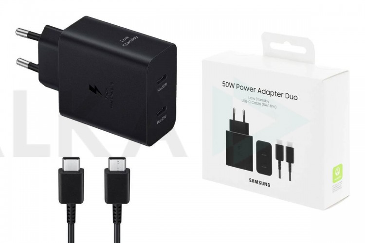 Сетевое зарядное устройство 2USB-C Samsung PD Adapter 50W + кабель Type-C Adapter Duo EP-T5020 (or.) (черный)