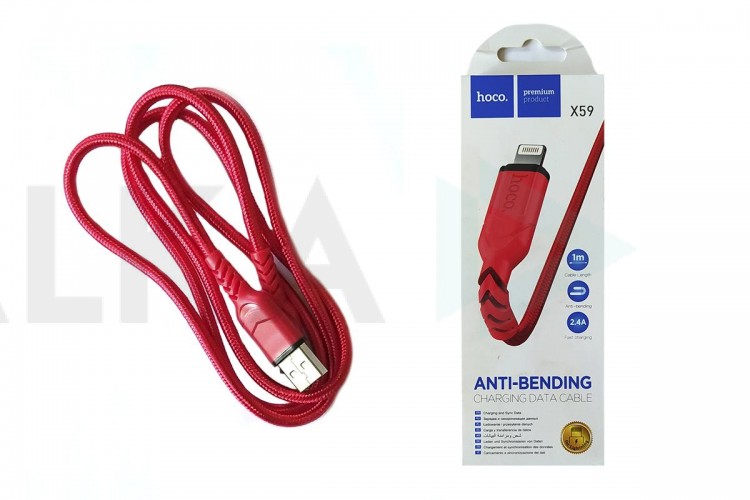 Кабель USB - Lightning HOCO X59, 2,4A (красный) 1м (в оплетке, с усиление сгиба)