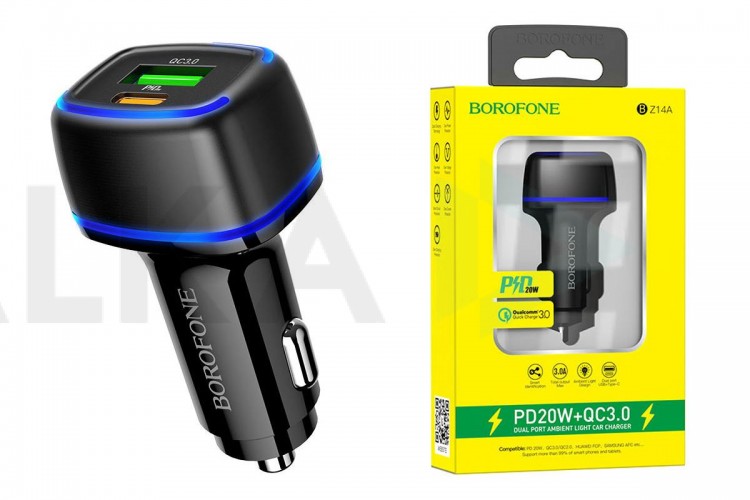 Автомобильное зарядное устройство АЗУ USB + Type-C BOROFONE BZ14A Mercury dual port PD 20W + QC3.0 c (черный)