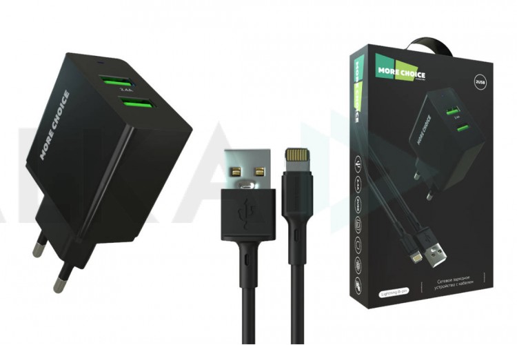 Сетевое зарядное устройство 2USB + кабель Lightning More choice NC11i 2.4A (Black)