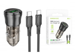 Автомобильное зарядное устройство АЗУ USB + USB-C + кабель Type-C - Type-C Borofone BZ25 Journey PD38W + QC3.0 (черный прозрачный)