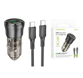 Автомобильное зарядное устройство АЗУ USB + USB-C + кабель Type-C - Type-C Borofone BZ25 Journey PD38W + QC3.0 (черный прозрачный)