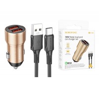 Автомобильное зарядное устройство АЗУ 2USB + кабель Type-C BOROFONE BZ19 2400 mAh (золотой)