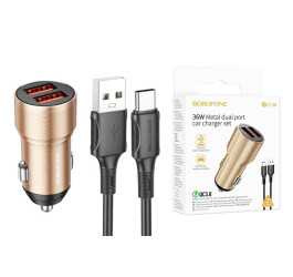 Автомобильное зарядное устройство АЗУ 2USB + кабель Type-C BOROFONE BZ19 2400 mAh (золотой)