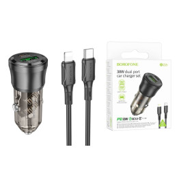 Автомобильное зарядное устройство АЗУ USB + USB-C + кабель Lightning BOROFONE BZ25 PD 38W + QC3.0 (черный прозрачный)