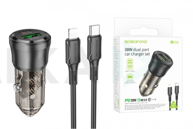 Автомобильное зарядное устройство АЗУ USB + USB-C + кабель Lightning BOROFONE BZ25 PD 38W + QC3.0 (черный прозрачный)