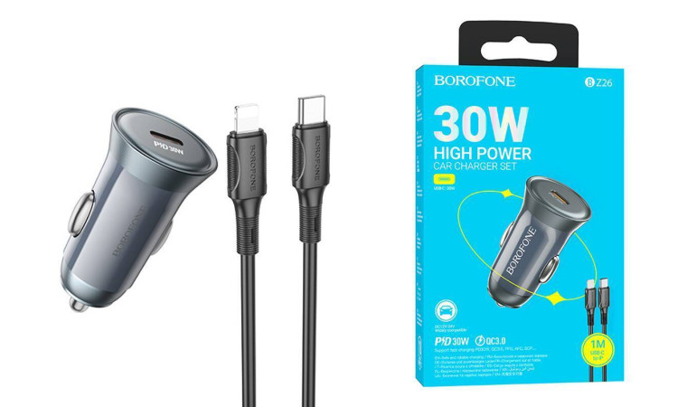 Автомобильное зарядное устройство АЗУ USB-C + кабель Lightning BOROFONE BZ26 PD30W (серый)