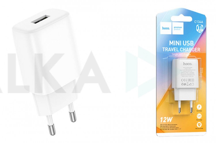 Сетевое зарядное устройство USB HOCO C134A Solid single port 2400mAh (белый)
