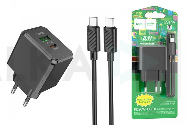 Сетевое зарядное устройство USB+USB-C + кабель Type-C-Type-C HOCO CS14A PD20W + QC3.0 (черный)