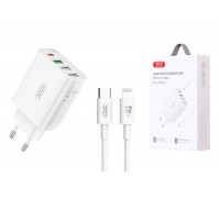 Сетевое зарядное устройство USB + USB-C XO L120 (EU) multi port fast charging charger (USB-C 20W/USB-A 18W) with lightning cable (NB189A) (белый)