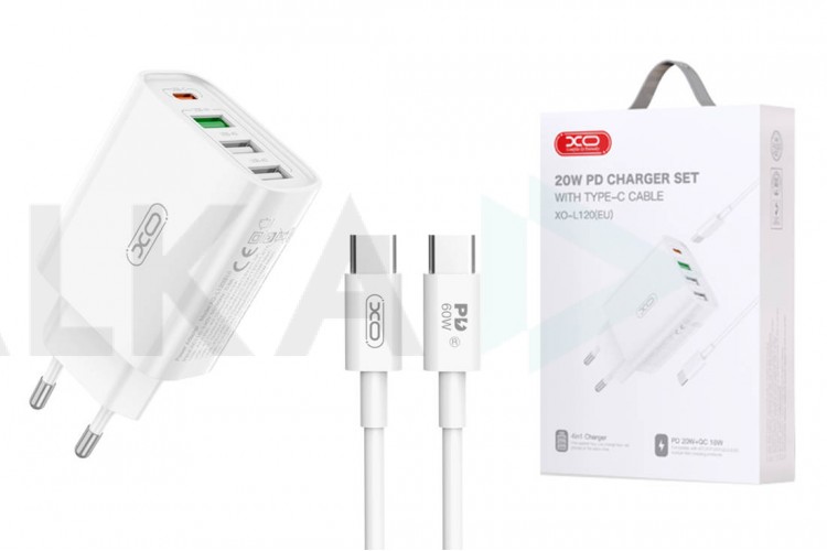 Сетевое зарядное устройство USB + USB-C XO L120 (EU) multi port fast charging charger (USB-C 20W/USB-A 18W) with TYPE-C cable(NB190A) (белый)