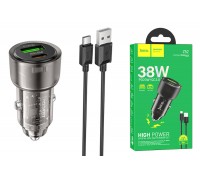 Автомобильное зарядное устройство АЗУ USB + Type-C + кабель Type-C HOCO Z52 Blue PD38W + QC3.0 (черный прозрачный)