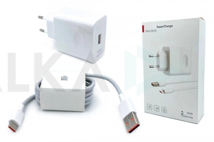 Сетевое зарядное устройство USB Huawei SuperCharge  прямоугольник + кабель (or.) 66W (белый)