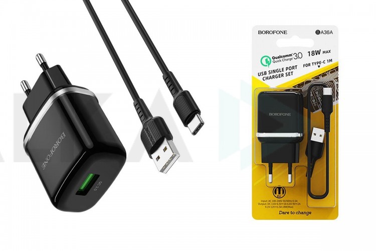 Сетевое зарядное устройство USB + кабель Type-C BOROFONE BA36A QC3.0 (черный)