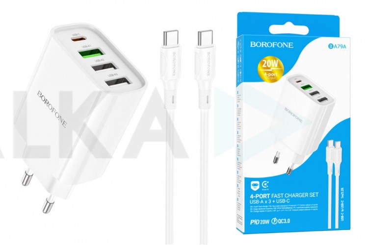 Сетевое зарядное устройство 3USB + USB-C + кабель Type-C-Type-C BOROFONE BA79A Clever PD20W + QC3.0 (белый)