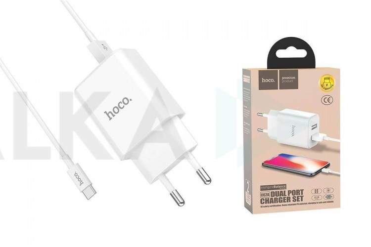 Сетевое зарядное устройство 2USB + кабель Type-C HOCO C62A Victoria (белый)