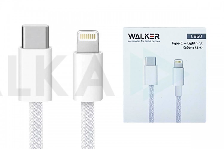 Кабель USB Type-C - Lightning WALKER C860, 30W, поддержка PD, нейлон, белый, 2м