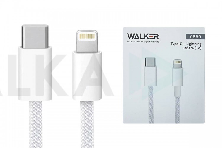 Кабель USB Type-C - Lightning WALKER C860, 30W, поддержка PD, нейлон, белый, 1 м