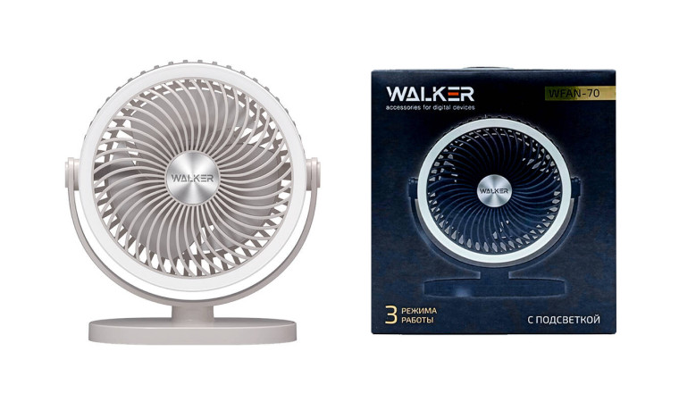 Вентилятор WALKER WFAN-70, подсветка, подвесной крючок, поворотный, рег. наклона, белый Вентилятор WALKER WFAN-70, подсветка, подвесной крючок, поворотный, рег. наклона, белый