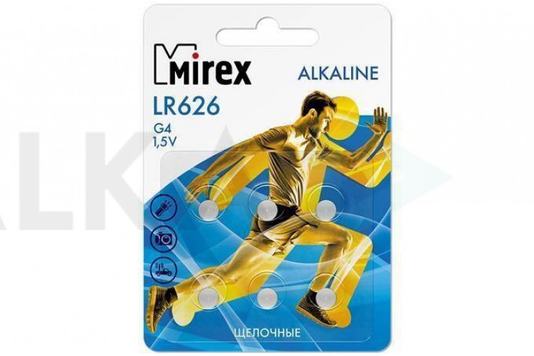 Батарейка часовая Mirex AG4 / LR626 1,5V цена за блистер 6 шт (23702-LR626-E6)