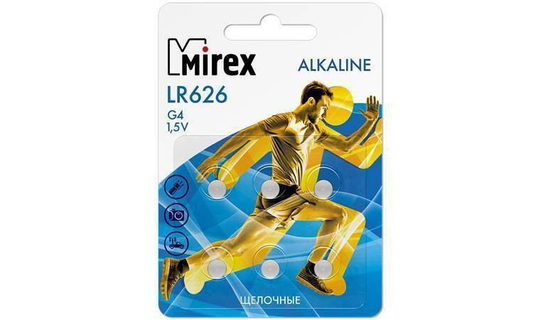 Батарейка часовая Mirex AG4 / LR626 1,5V цена за блистер 6 шт (23702-LR626-E6) Батарейка часовая Mirex AG4 / LR626 1,5V цена за блистер 6 шт (23702-LR626-E6)