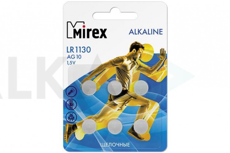 Батарейка часовая Mirex AG10 / LR1130 1,5V цена за блистер 6 шт (23702-LR1130-E6)