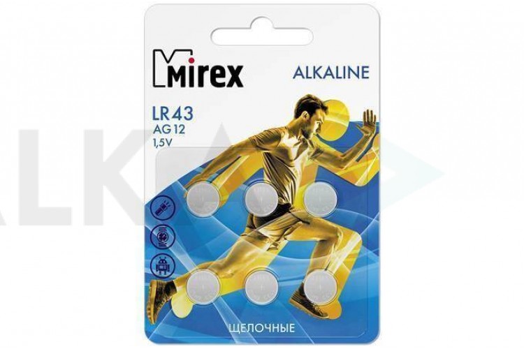 Батарейка часовая Mirex AG12 / LR43 1,5V цена за блистер 6 шт (23702-LR43-E6)