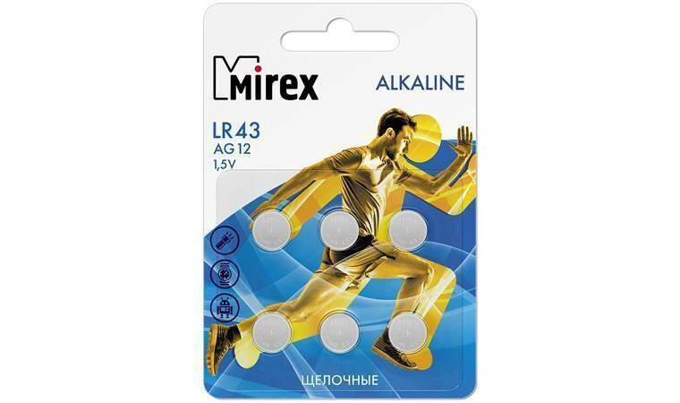 Батарейка часовая Mirex AG12 / LR43 1,5V цена за блистер 6 шт (23702-LR43-E6)