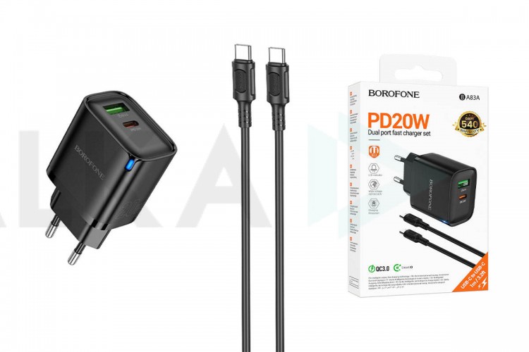 Сетевое зарядное устройство USB + кабель Type-C Type-C BOROFONE BA83A Flare star PD20W+QC3.0 (черный)