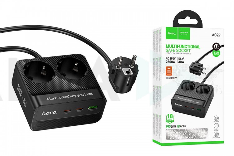 Сетевой фильтр HOCO AC27 Descanso 2 socket (with PD30W/2C1A) 2м (черный)